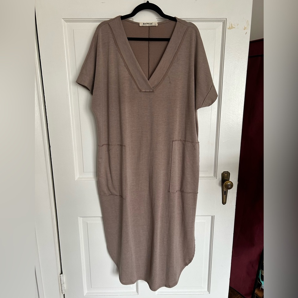 Three Bird Nest Long Casual Dress Women’s XL Taupe V-Neck Loose Relaxed Fit